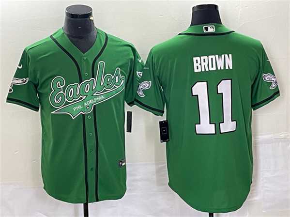 Mens Philadelphia Eagles #11 A. J. Brown Green Cool Base Baseball Stitched Jersey